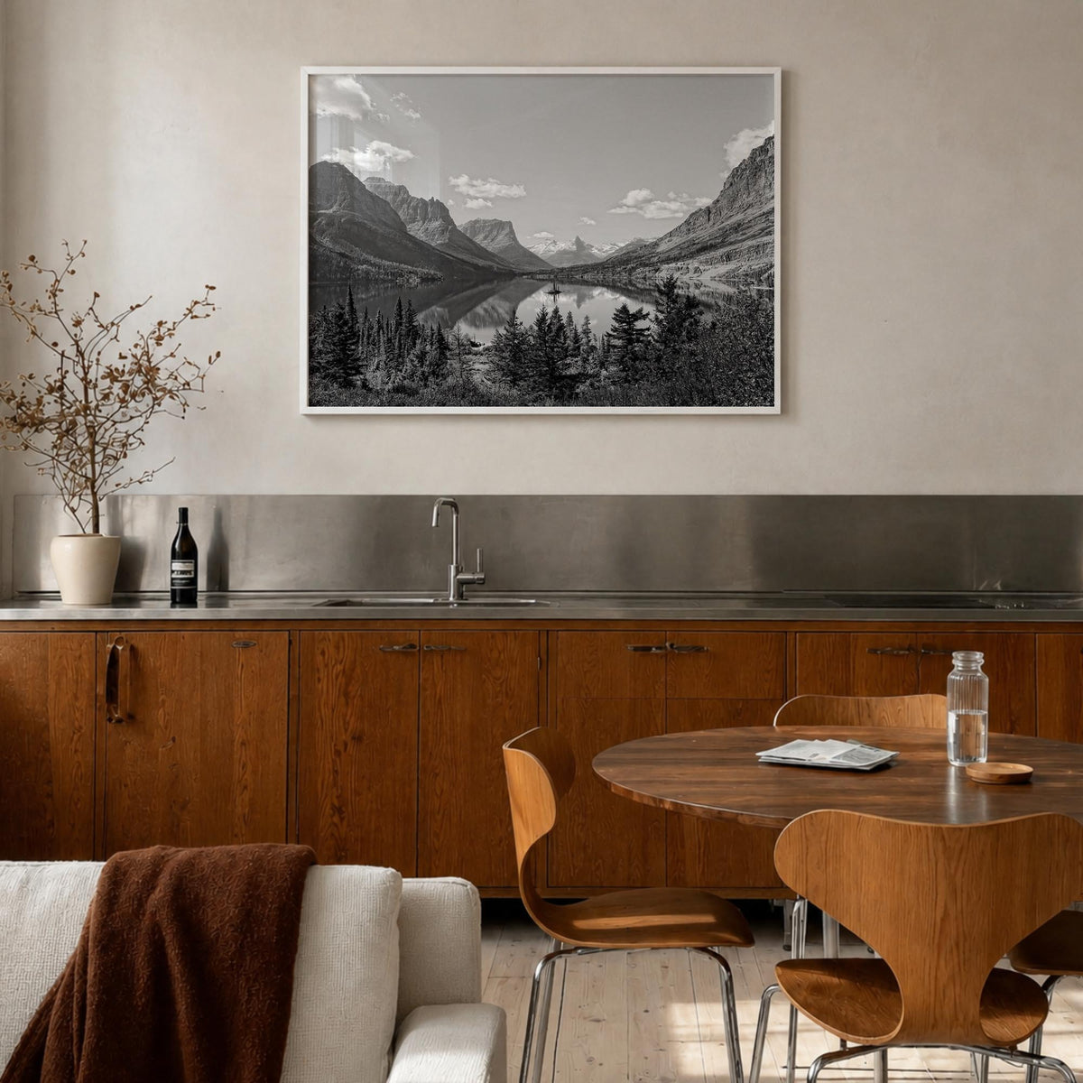 Big Sky black & white photo poster of Montana, USA – horizontal wall art in white wood frame, hanging on wall