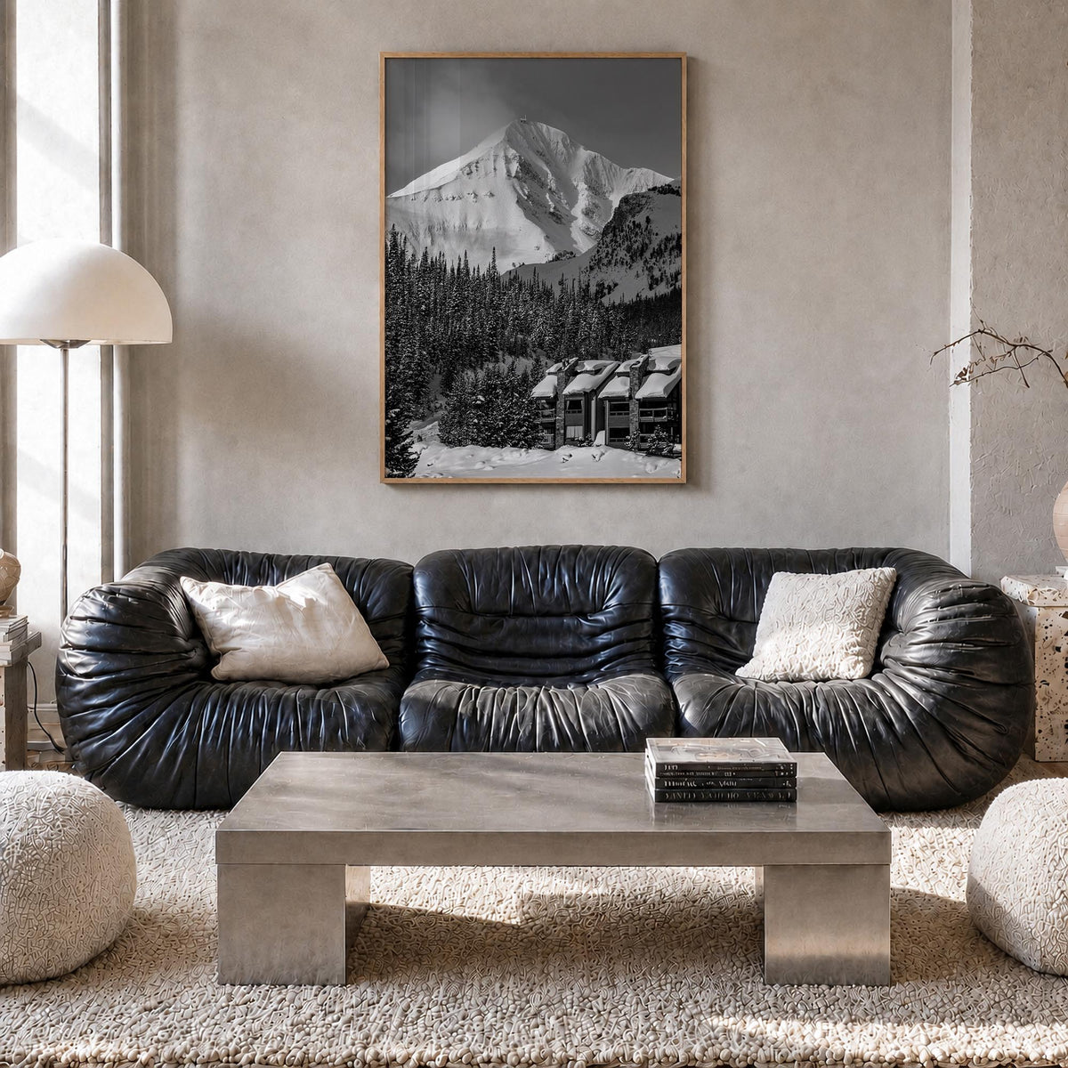 Big Sky no. 1 black & white photo poster of Montana, USA – vertical wall art in natural wood frame, hanging on wall