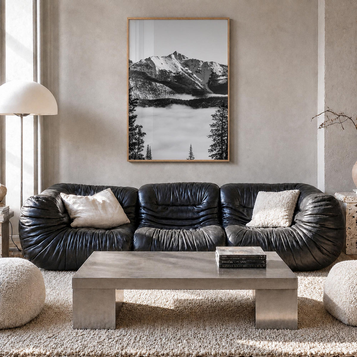 Big Sky no. 2 black & white photo poster of Montana, USA – vertical wall art in natural wood frame, hanging on wall