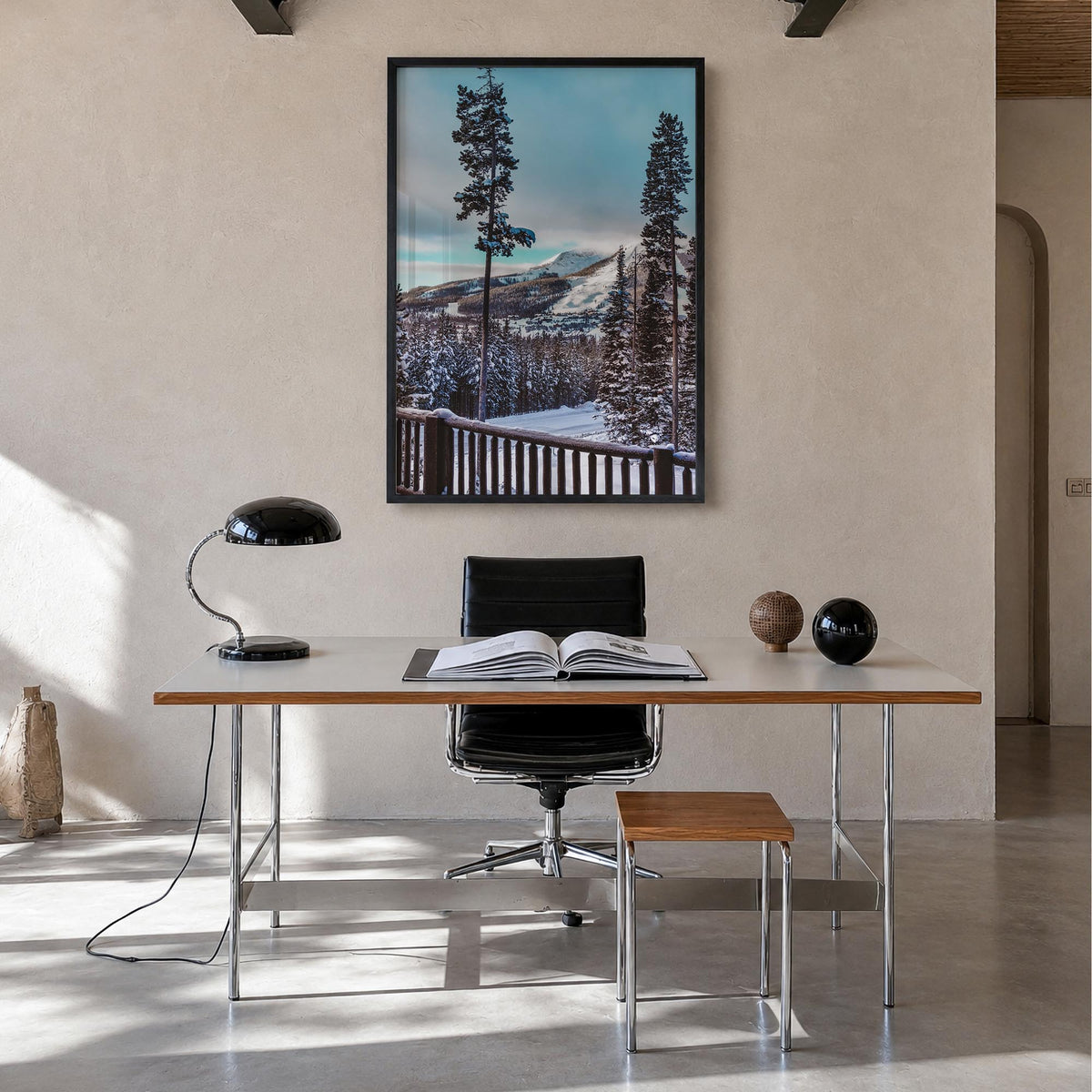 Big Sky no. 3 colorful photo poster of Montana, USA – vertical wall art in black wood frame, hanging on wall
