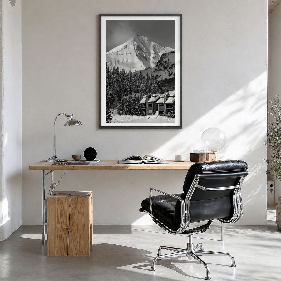 Big Sky Photo No 1 Poster in a black wood frame, hanging in a bright home office, white border