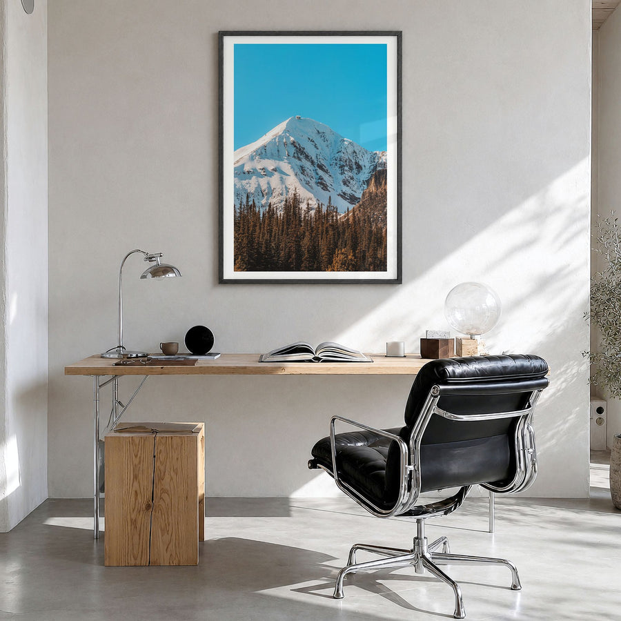 Big Sky Photo No 1 Poster in a black wood frame, hanging in a bright home office, white border