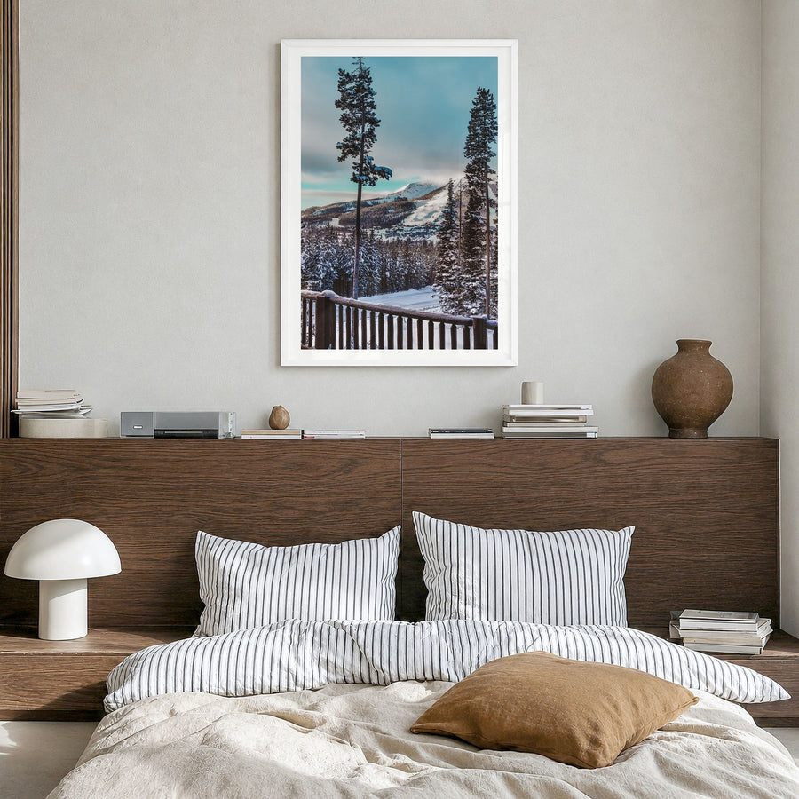 Big Sky Photo No 3 Poster in a white wood frame, hanging in a bedroom, white border