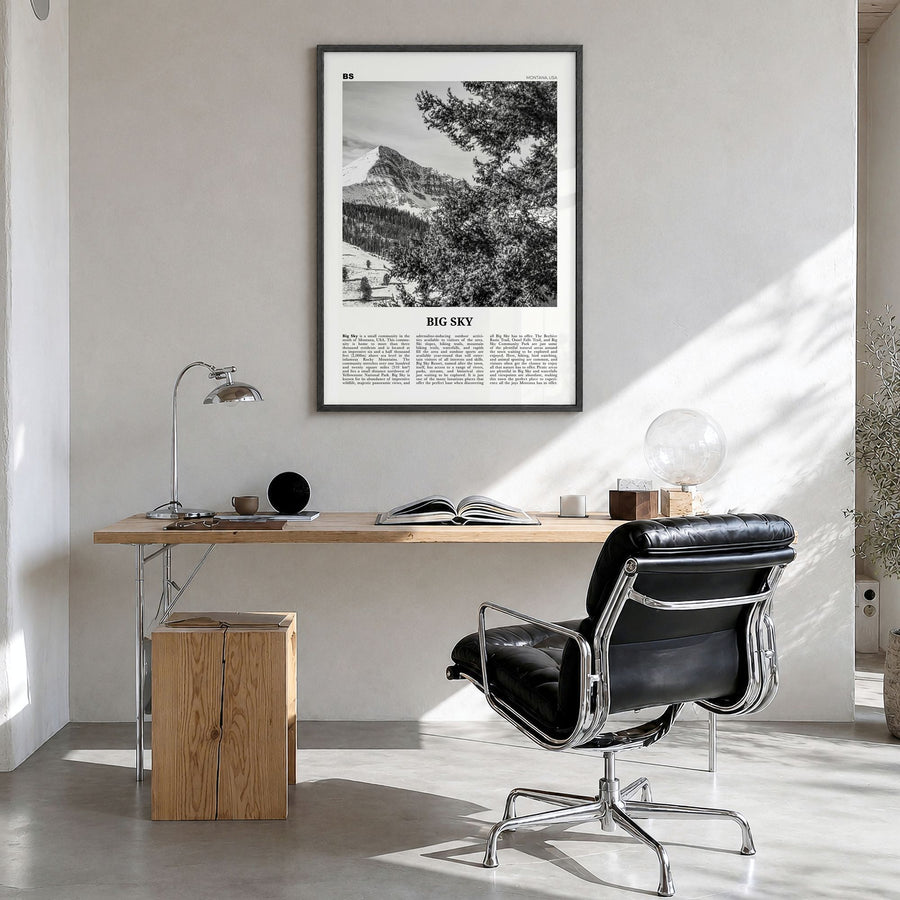 Big Sky Newspaper Poster in a black wood frame, hanging in a bright home office