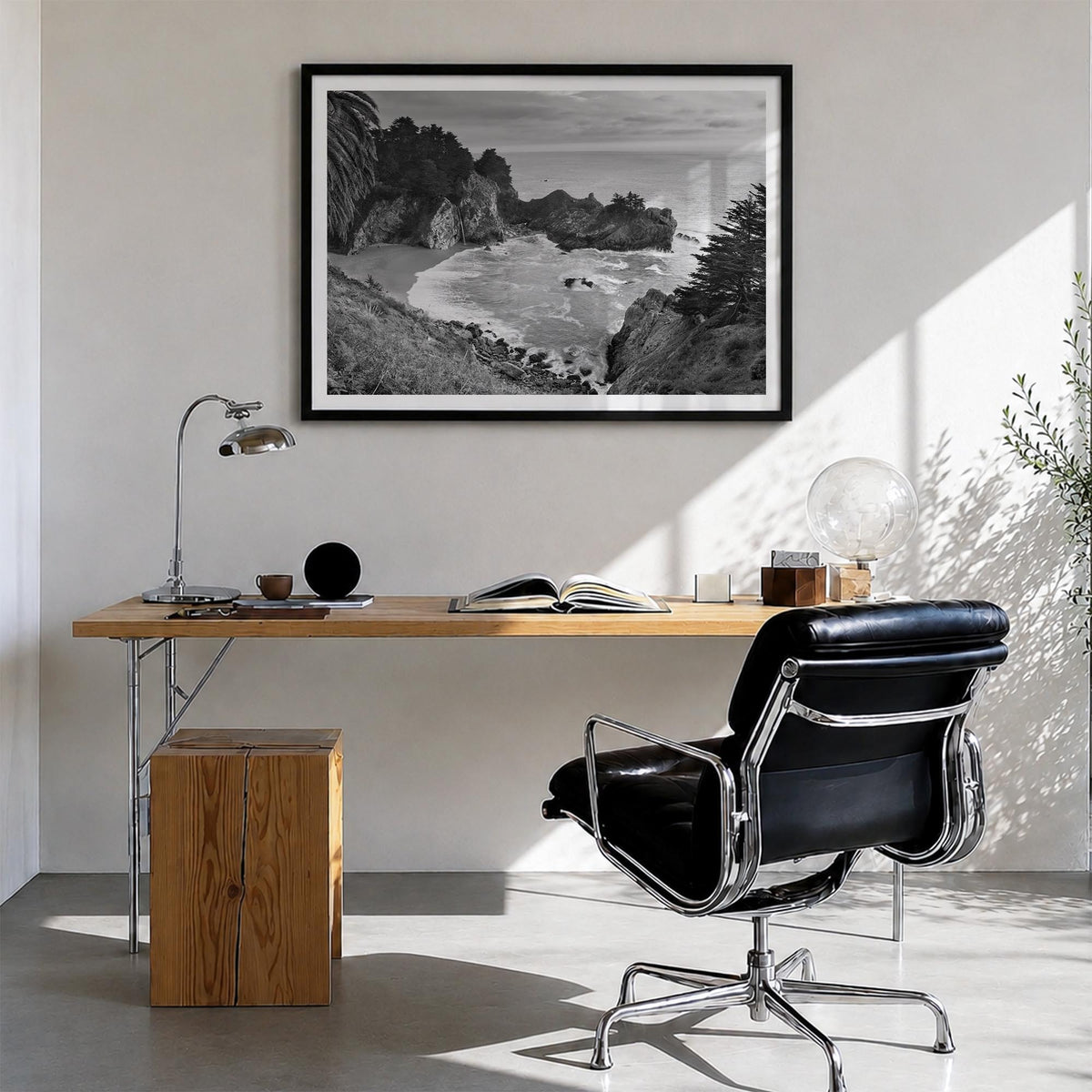 Big Sur black & white photo poster of California, USA – horizontal wall art in black wood frame with white border, hanging on