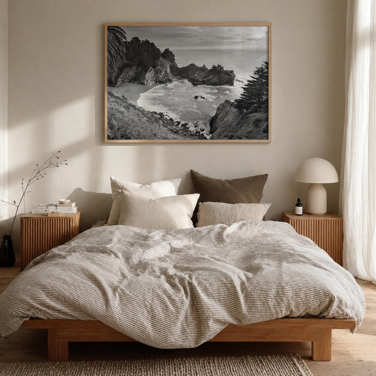 Big Sur black & white photo poster of California, USA – horizontal wall art in natural wood frame, hanging on wall