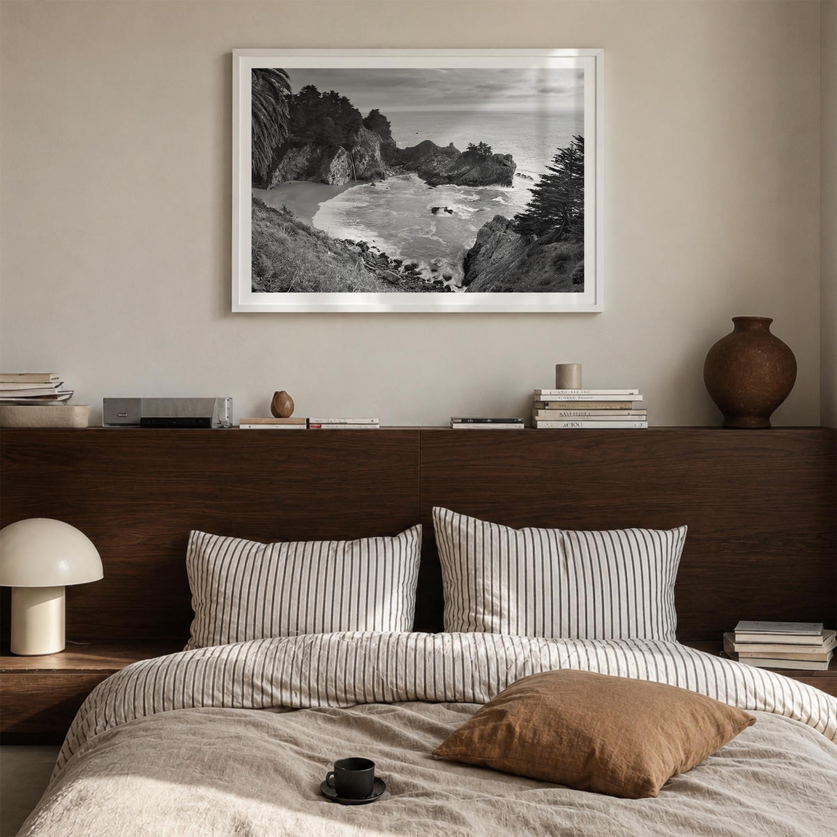 Big Sur black & white photo poster of California, USA – horizontal wall art in white wood frame with white border, hanging on