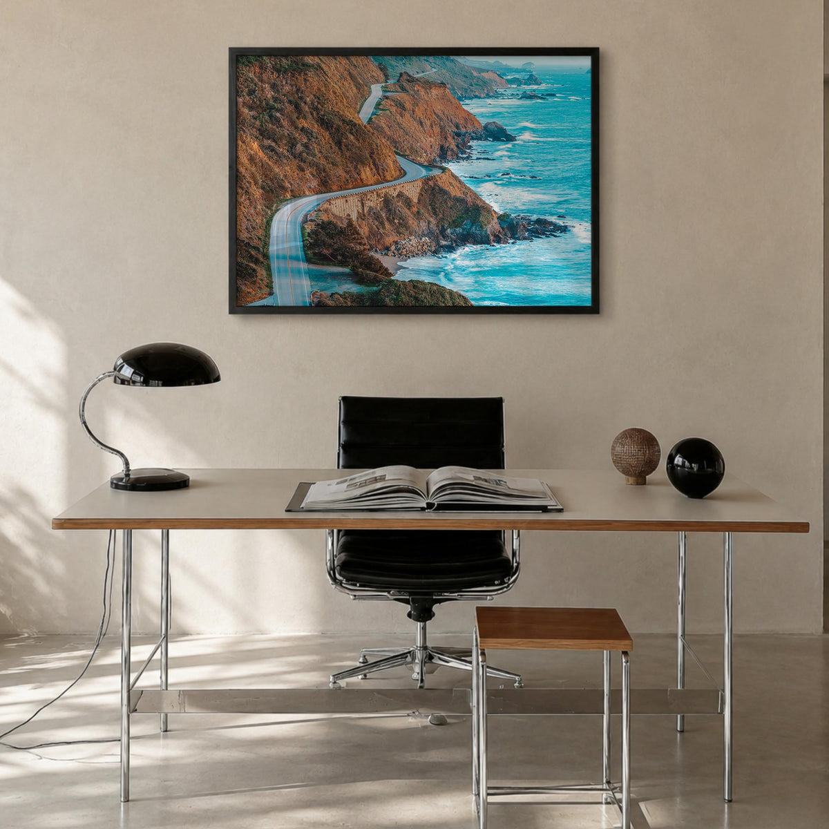 Big Sur colorful photo poster of California, USA – horizontal wall art in black wood frame, hanging on wall