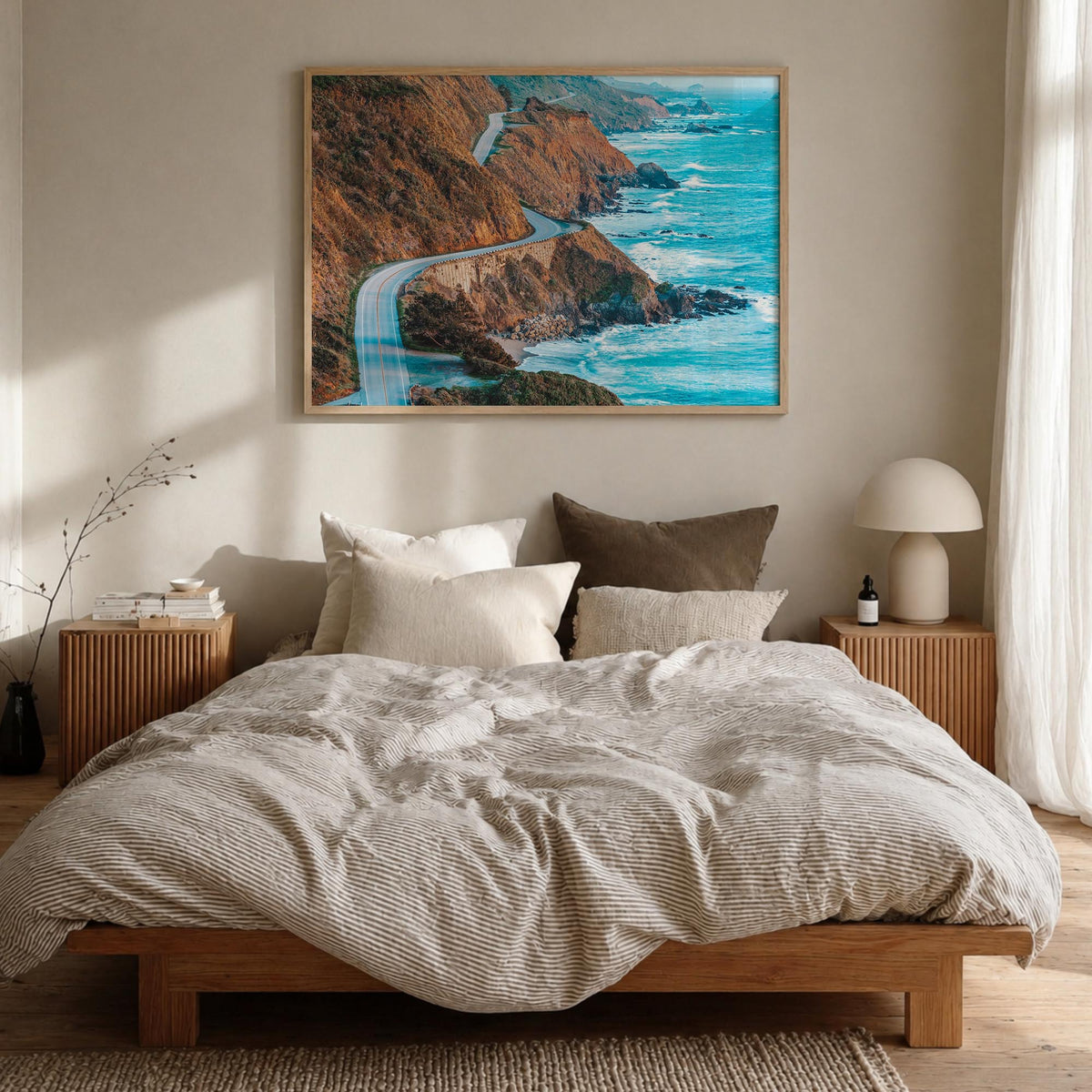 Big Sur colorful photo poster of California, USA – horizontal wall art in natural wood frame, hanging on wall