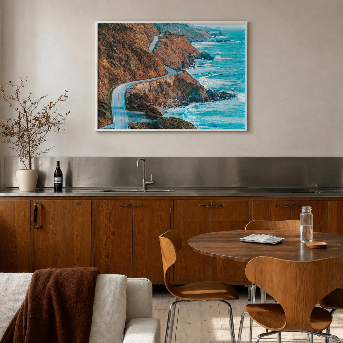 Big Sur colorful photo poster of California, USA – horizontal wall art in white wood frame, hanging on wall