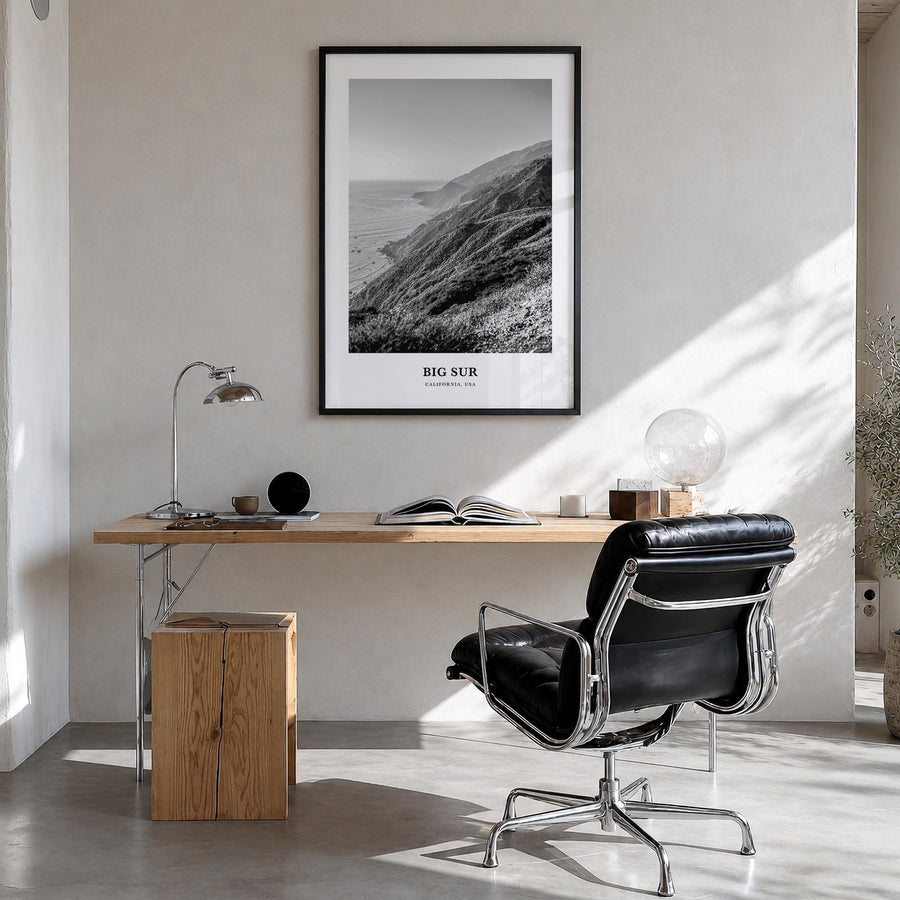 Big Sur no. 1 black & white classic poster of California, USA – vertical wall art in black wood frame, hanging on wall