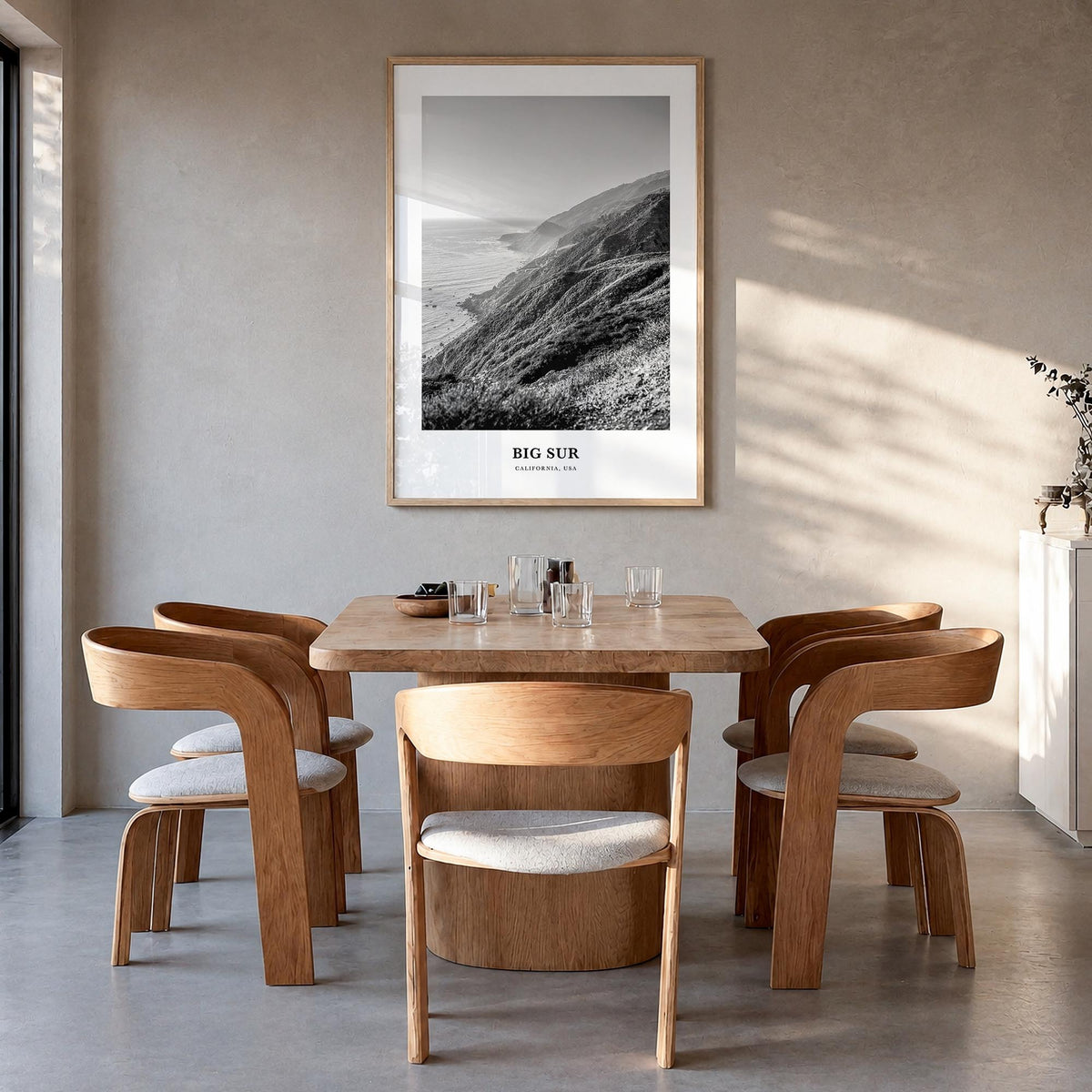 Big Sur no. 1 black & white classic poster of California, USA – vertical wall art in natural wood frame, hanging on wall