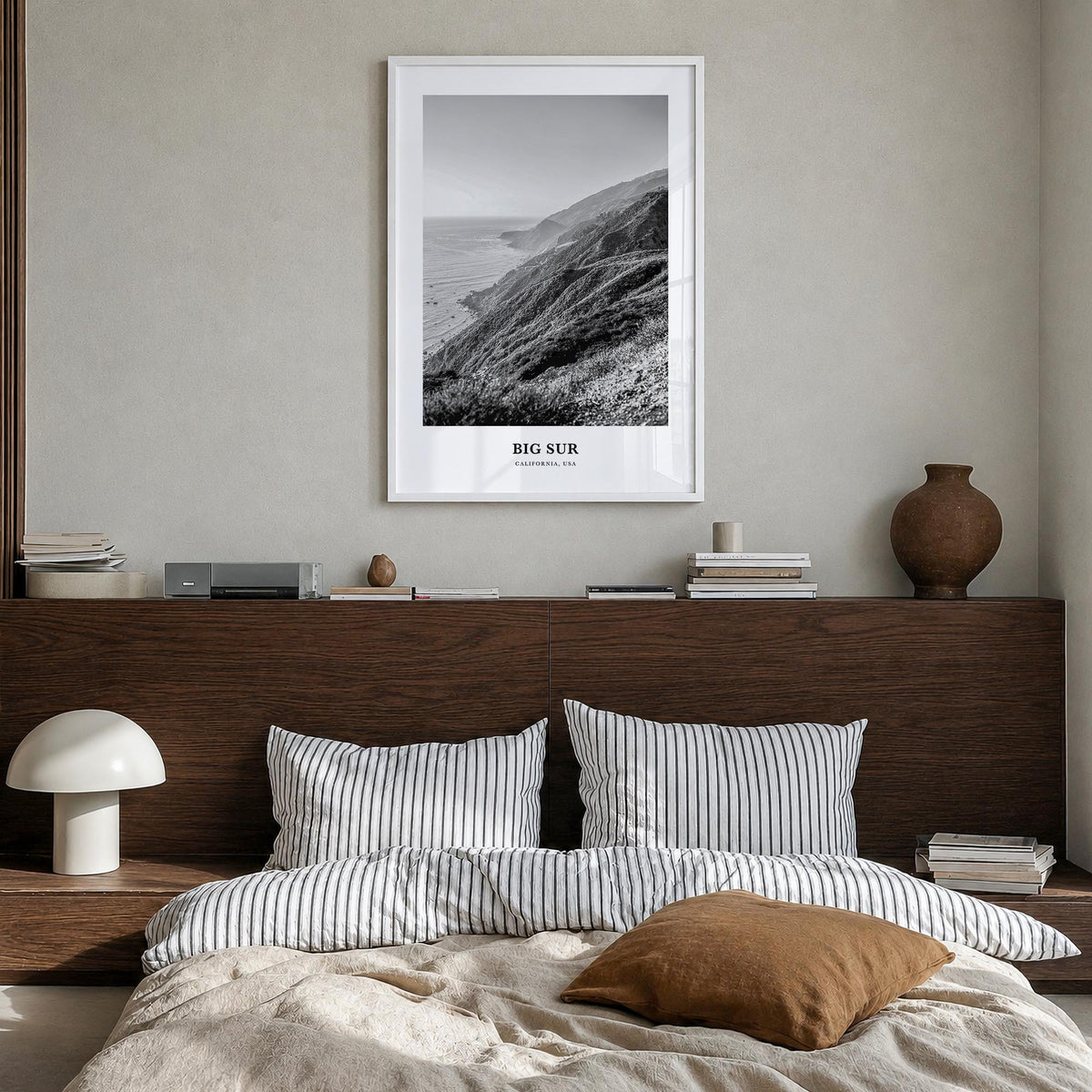 Big Sur no. 1 black & white classic poster of California, USA – vertical wall art in white wood frame, hanging on wall