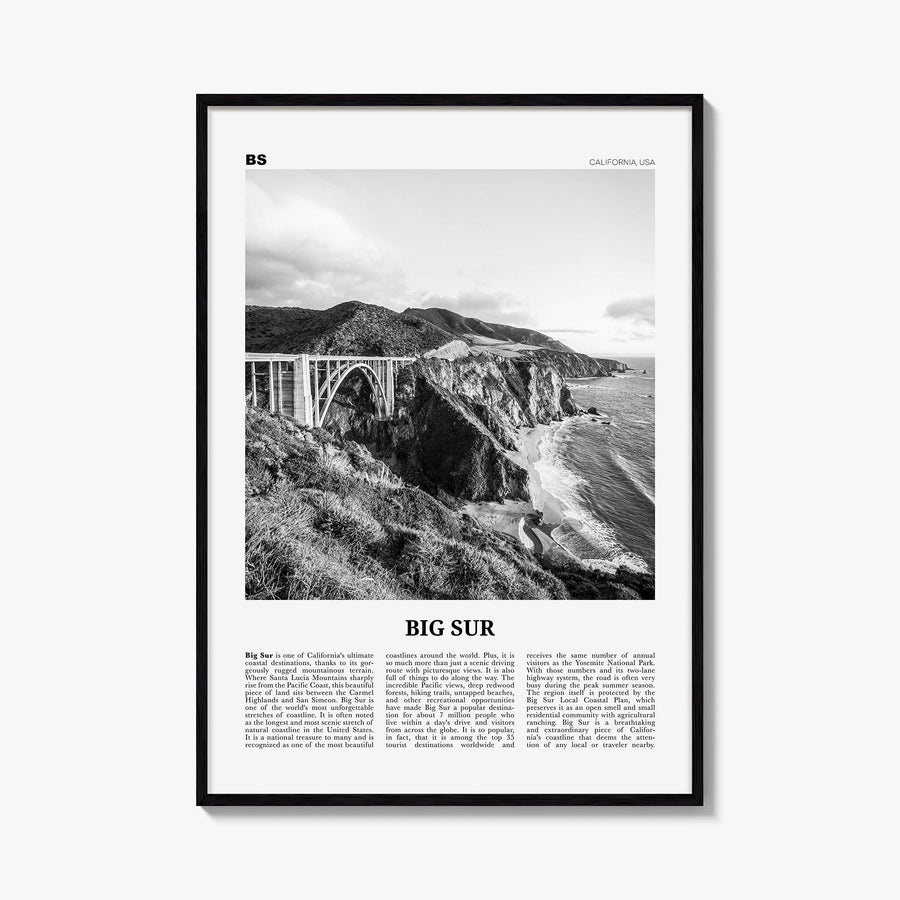 Big Sur no. 1 black & white newspaper poster of California, USA – vertical wall art, unframed print shown in interior mockup