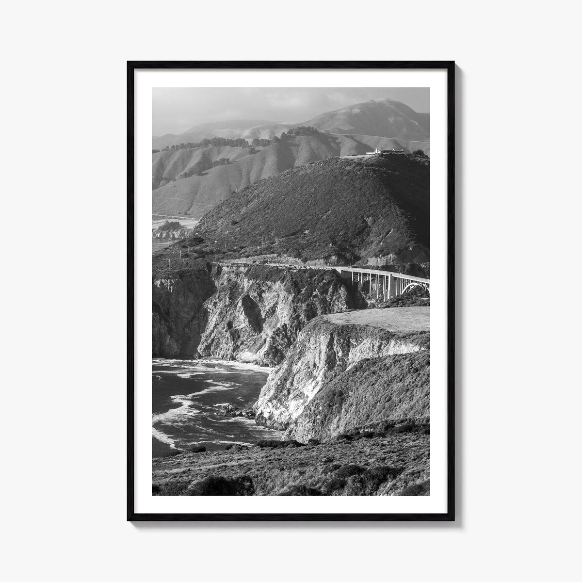 Big Sur no. 1 black & white photo poster of California, USA – vertical wall art, unframed print shown in interior mockup