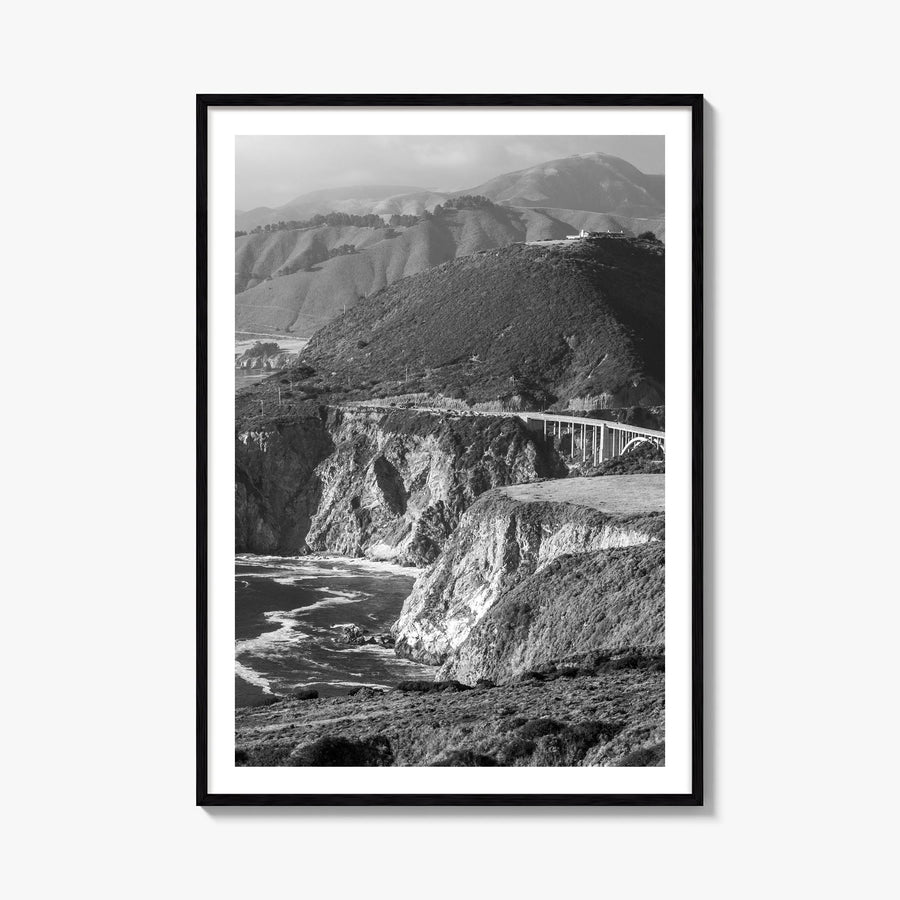 Big Sur no. 1 black & white photo poster of California, USA – vertical wall art, unframed print shown in interior mockup