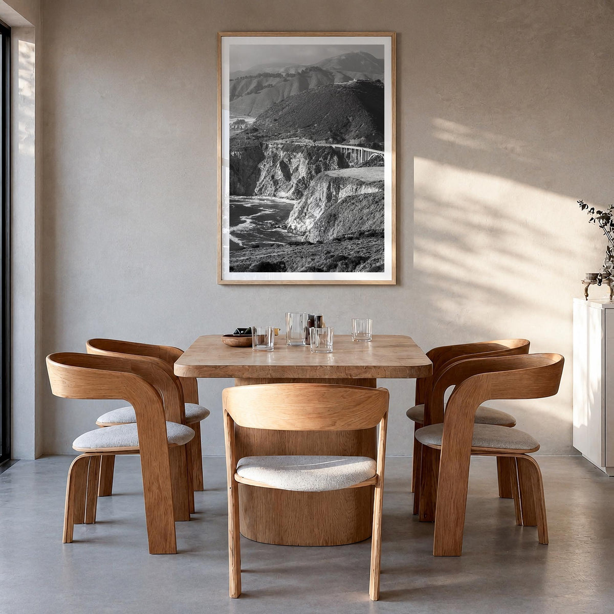 Big Sur no. 1 black & white photo poster of California, USA – vertical wall art in natural wood frame with white border, hang