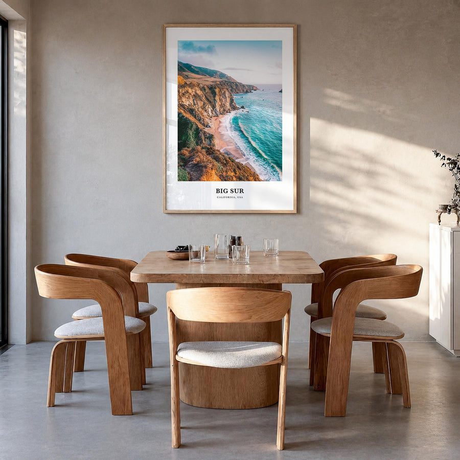 Big Sur no. 1 colorful classic poster of California, USA – vertical wall art in natural wood frame, hanging on wall