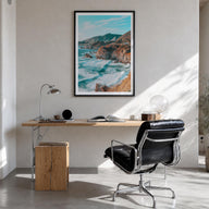 Big Sur no. 1 colorful photo poster of California, USA – vertical wall art in black wood frame with white border, hanging on 
