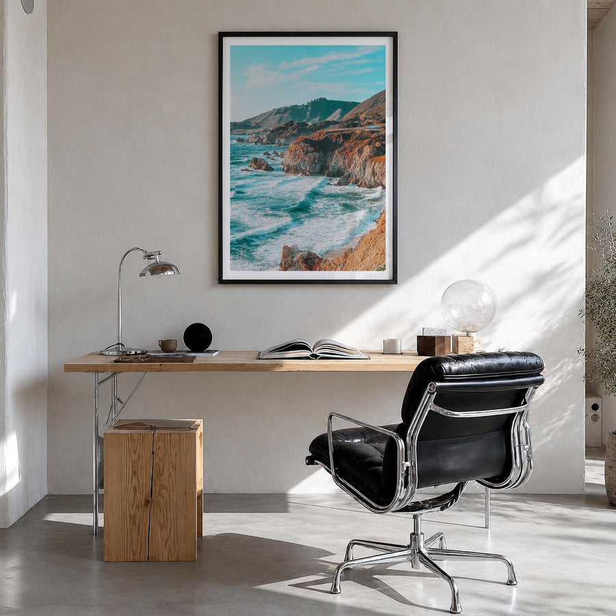 Big Sur no. 1 colorful photo poster of California, USA – vertical wall art in black wood frame with white border, hanging on 