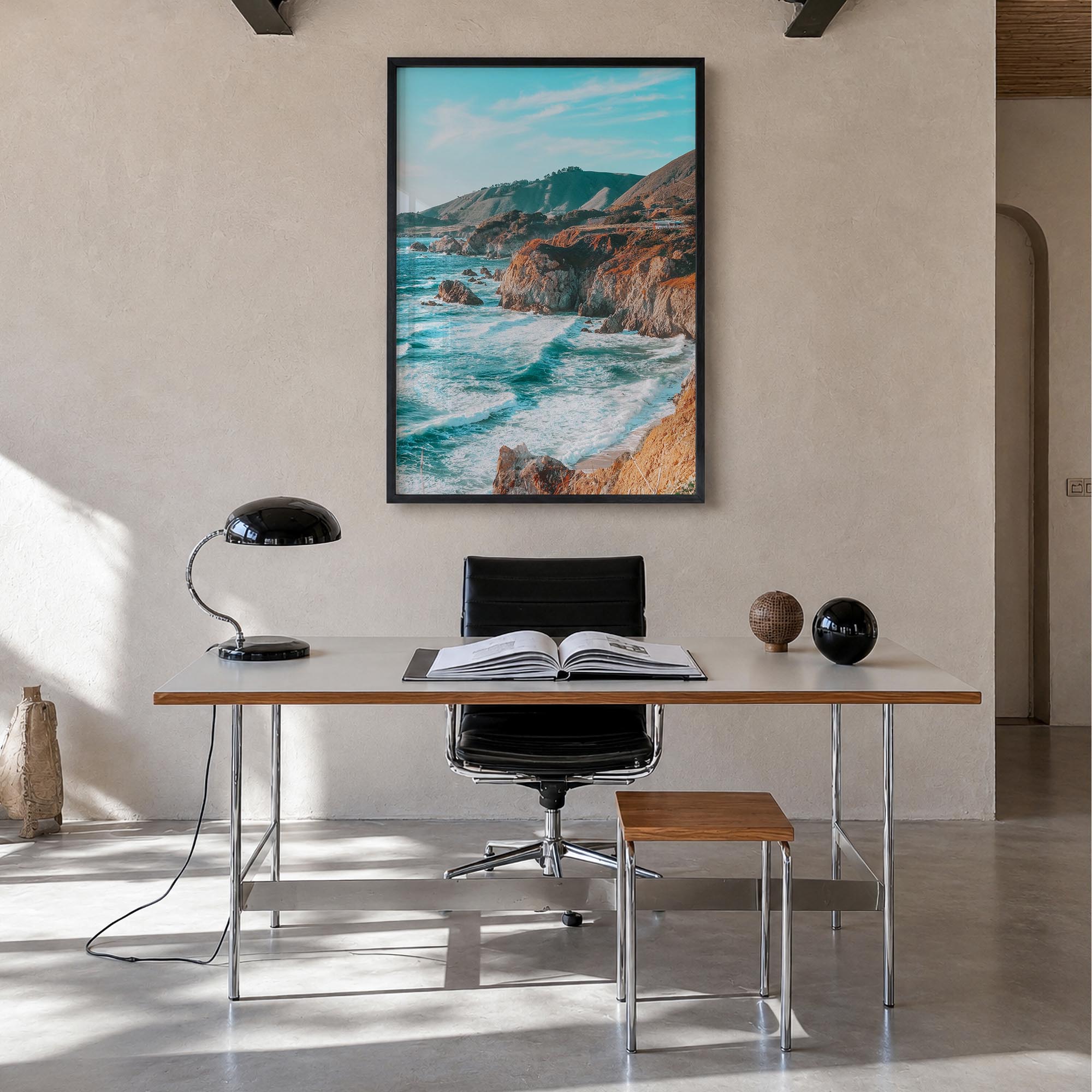 Big Sur no. 1 colorful photo poster of California, USA – vertical wall art in black wood frame, hanging on wall