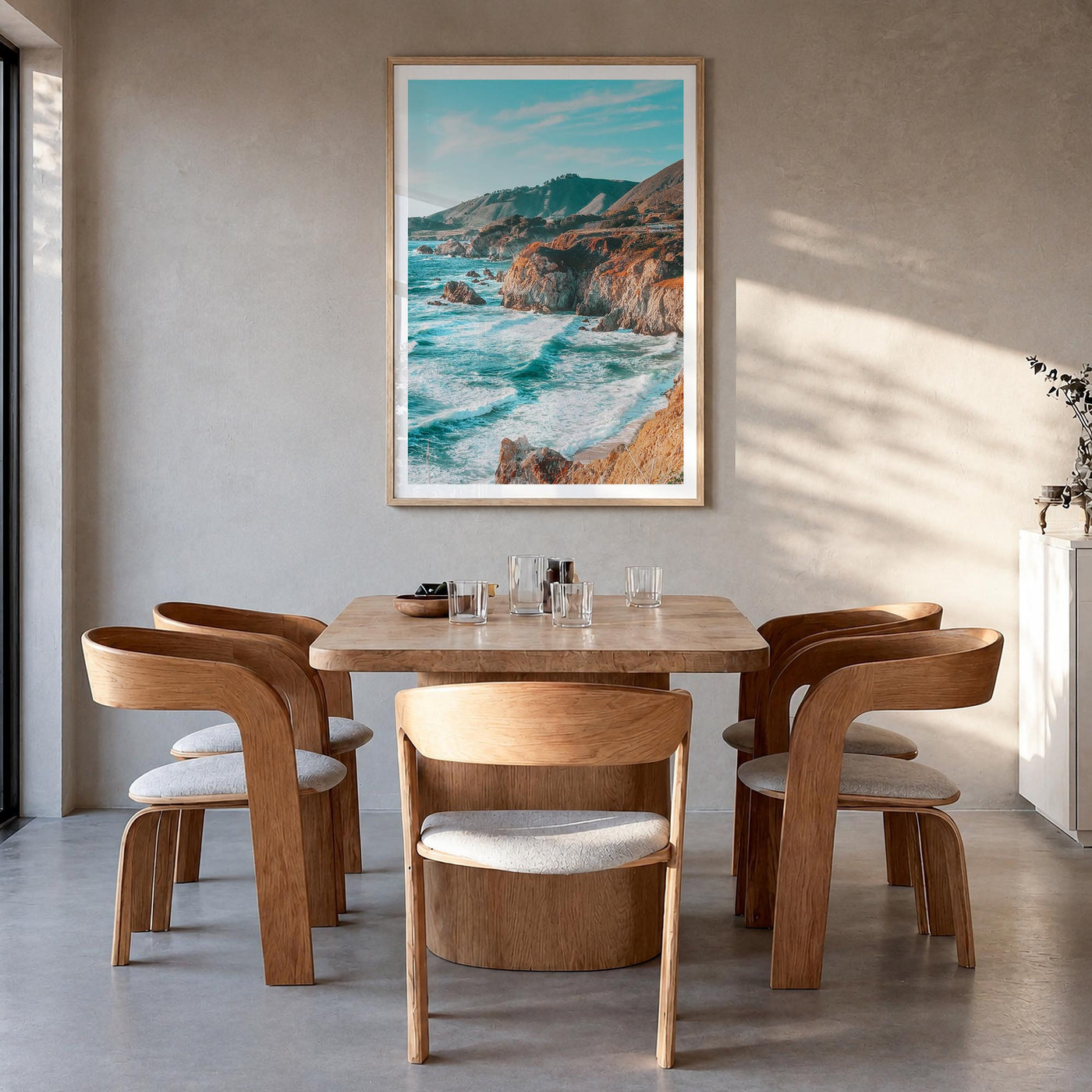 Big Sur no. 1 colorful photo poster of California, USA – vertical wall art in natural wood frame with white border, hanging o