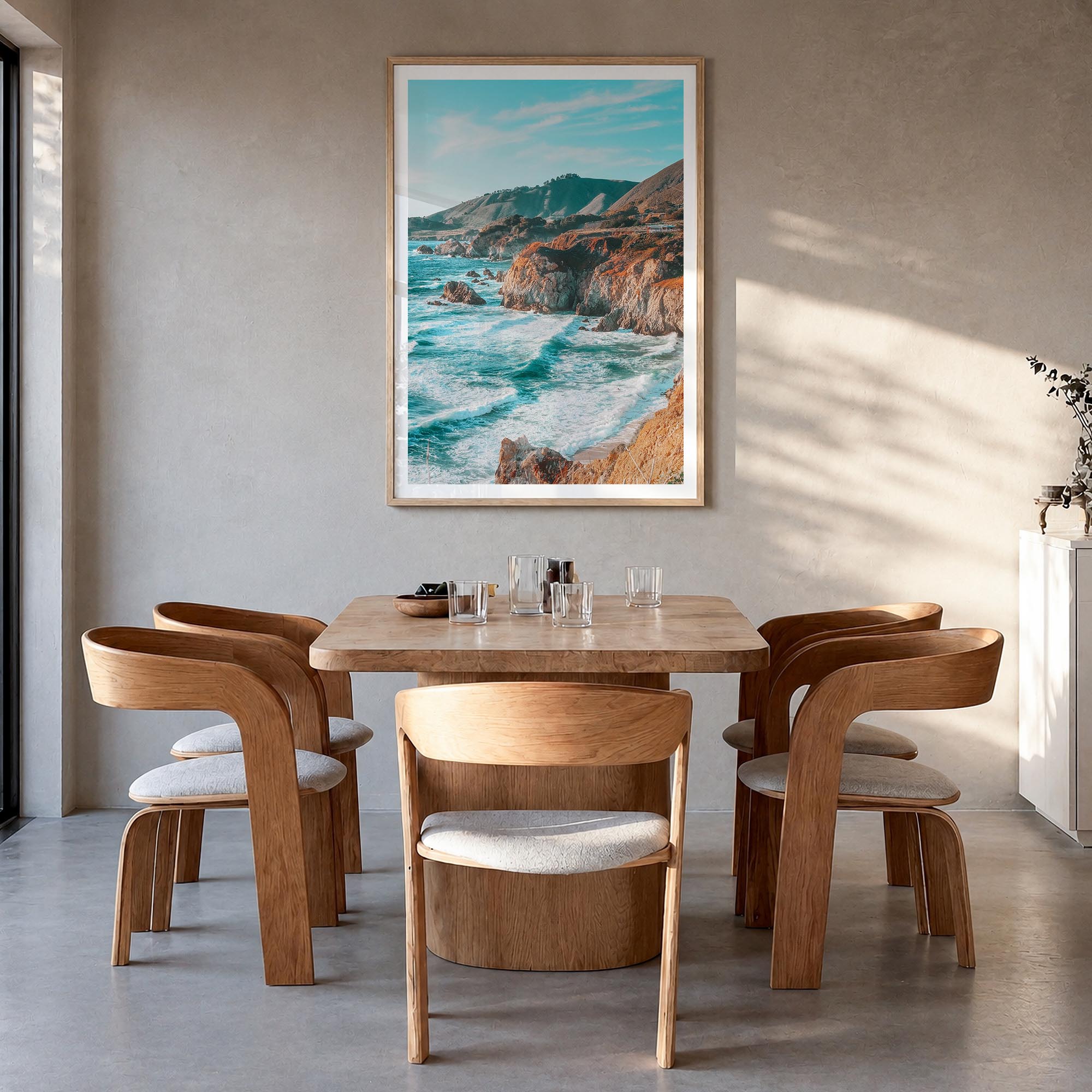 Big Sur no. 1 colorful photo poster of California, USA – vertical wall art in natural wood frame with white border, hanging o