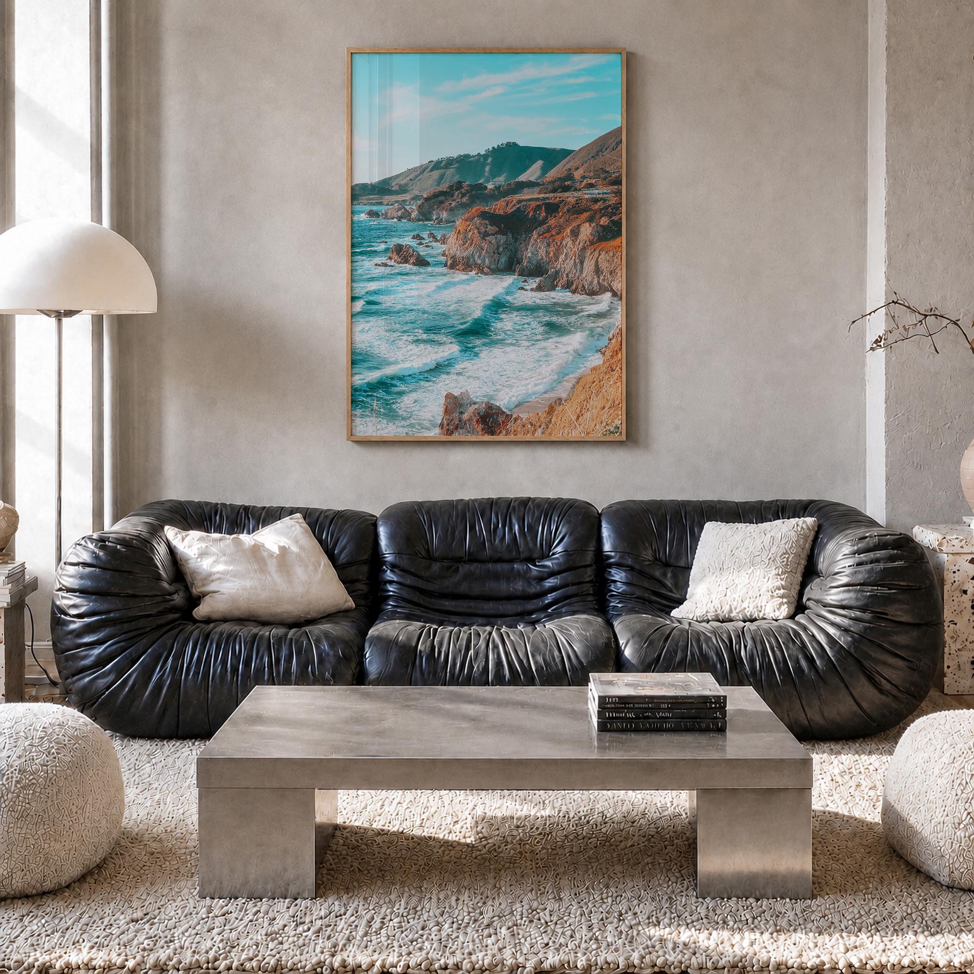 Big Sur no. 1 colorful photo poster of California, USA – vertical wall art in natural wood frame, hanging on wall