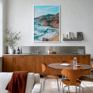 Big Sur no. 1 colorful photo poster of California, USA – vertical wall art in white wood frame, hanging on wall