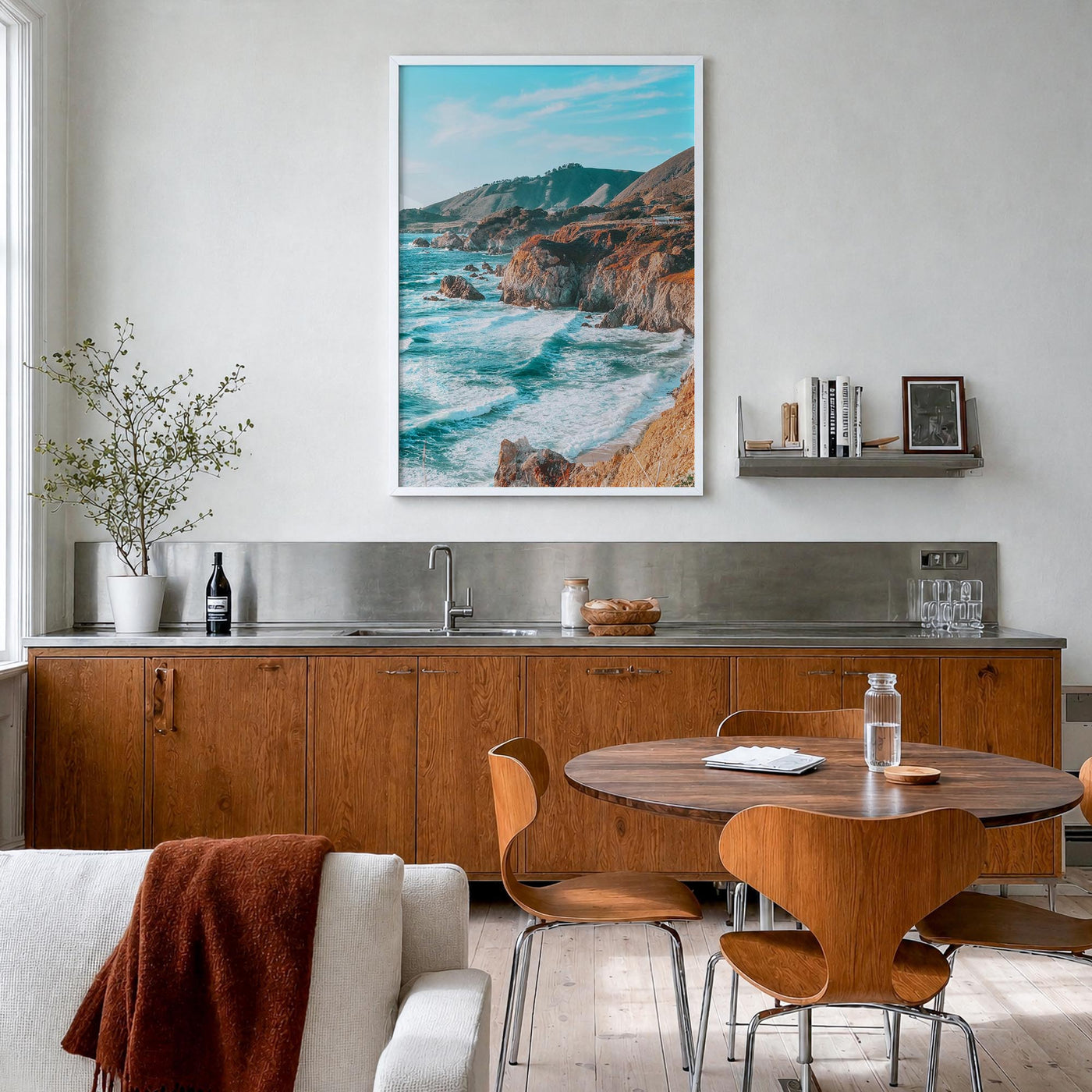 Big Sur no. 1 colorful photo poster of California, USA – vertical wall art in white wood frame, hanging on wall