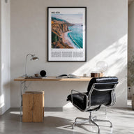 Big Sur no. 1 colorful travel poster of California, USA – vertical wall art in black wood frame, hanging on wall