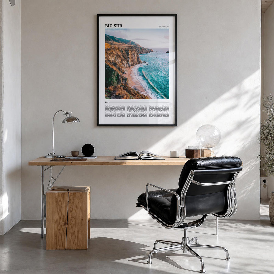 Big Sur no. 1 colorful travel poster of California, USA – vertical wall art in black wood frame, hanging on wall