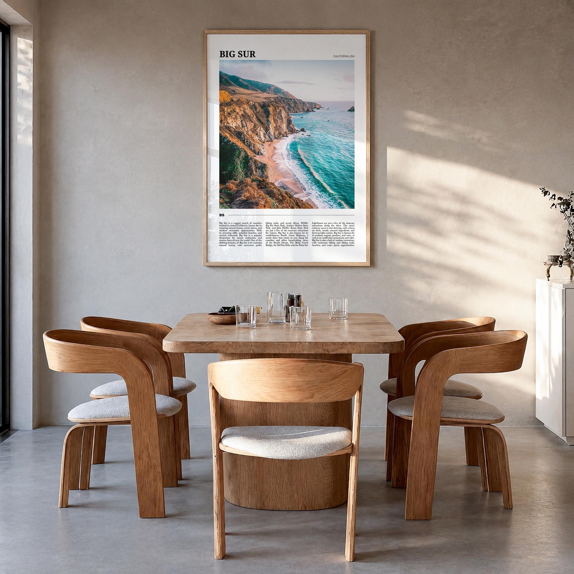 Big Sur no. 1 colorful travel poster of California, USA – vertical wall art in natural wood frame, hanging on wall