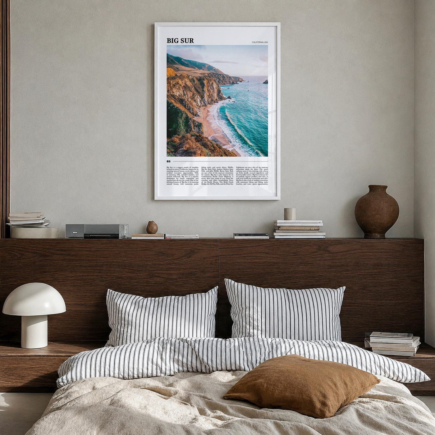 Big Sur no. 1 colorful travel poster of California, USA – vertical wall art in white wood frame, hanging on wall