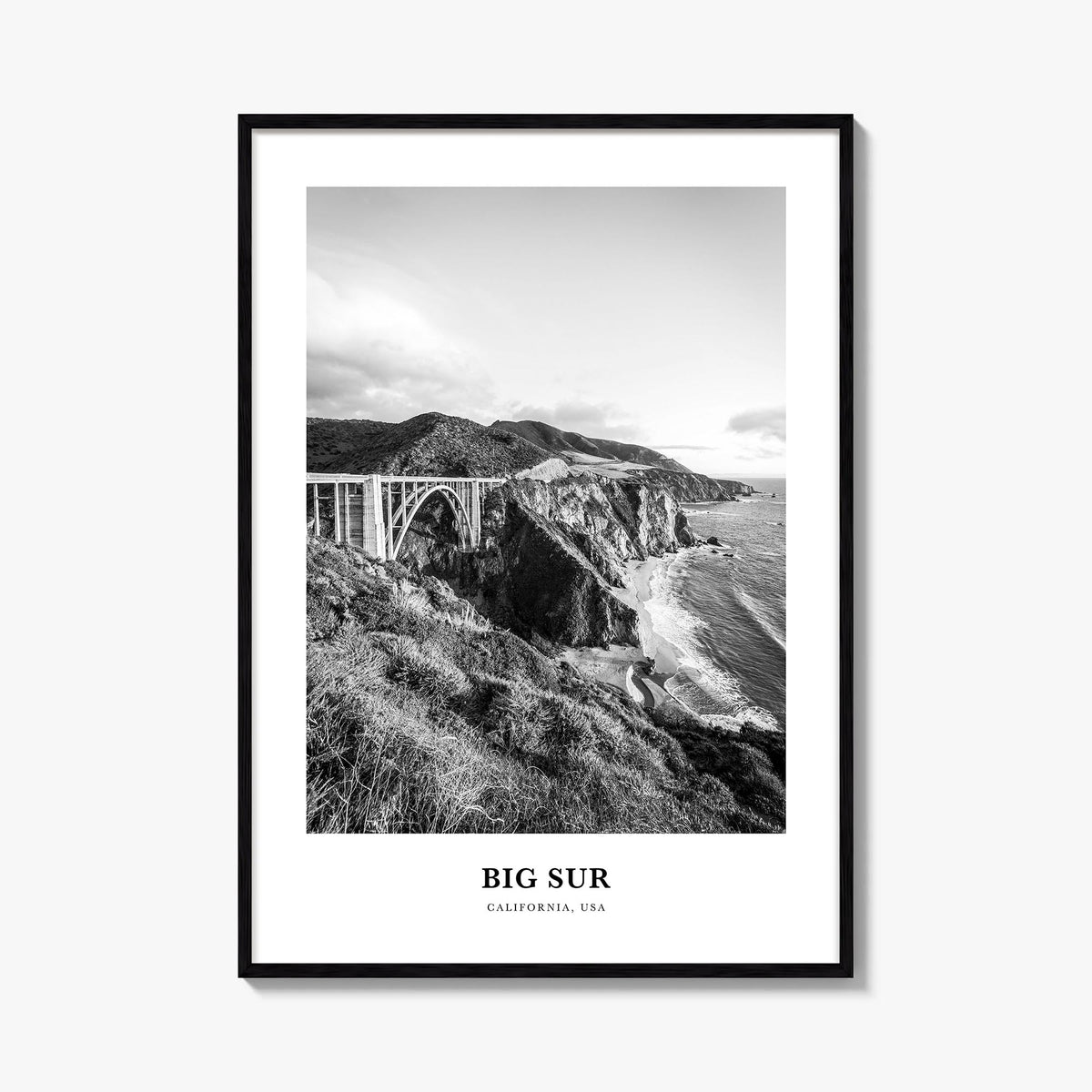 Big Sur no. 2 black & white classic poster of California, USA – vertical wall art, unframed print shown in interior mockup