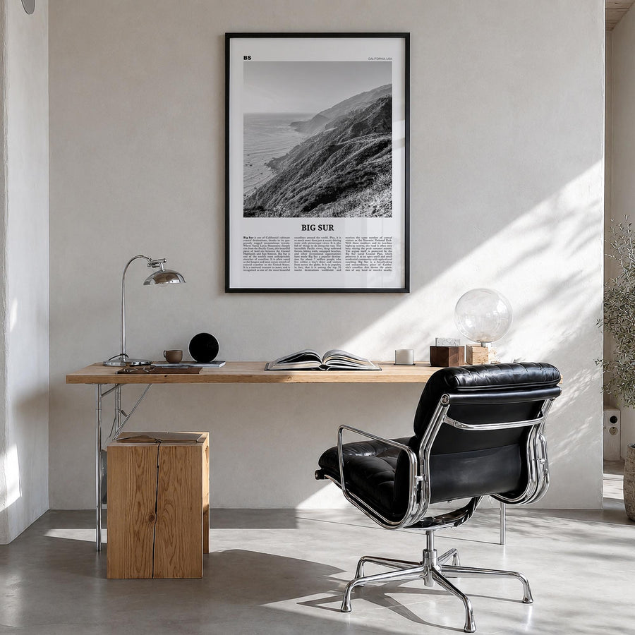 Big Sur no. 2 black & white newspaper poster of California, USA – vertical wall art in black wood frame, hanging on wall