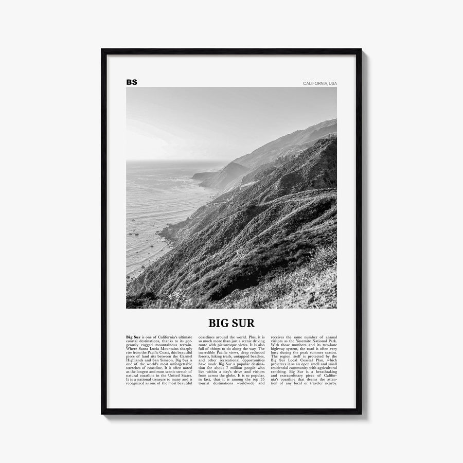 Big Sur no. 2 black & white newspaper poster of California, USA – vertical wall art, unframed print shown in interior mockup