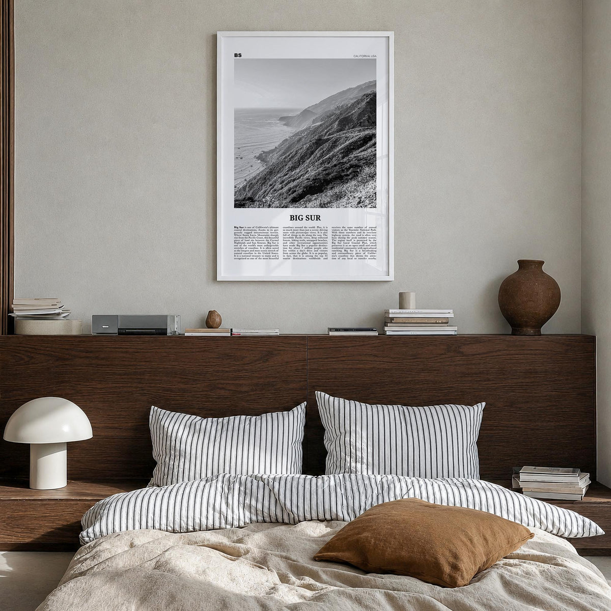 Big Sur no. 2 black & white newspaper poster of California, USA – vertical wall art in white wood frame, hanging on wall