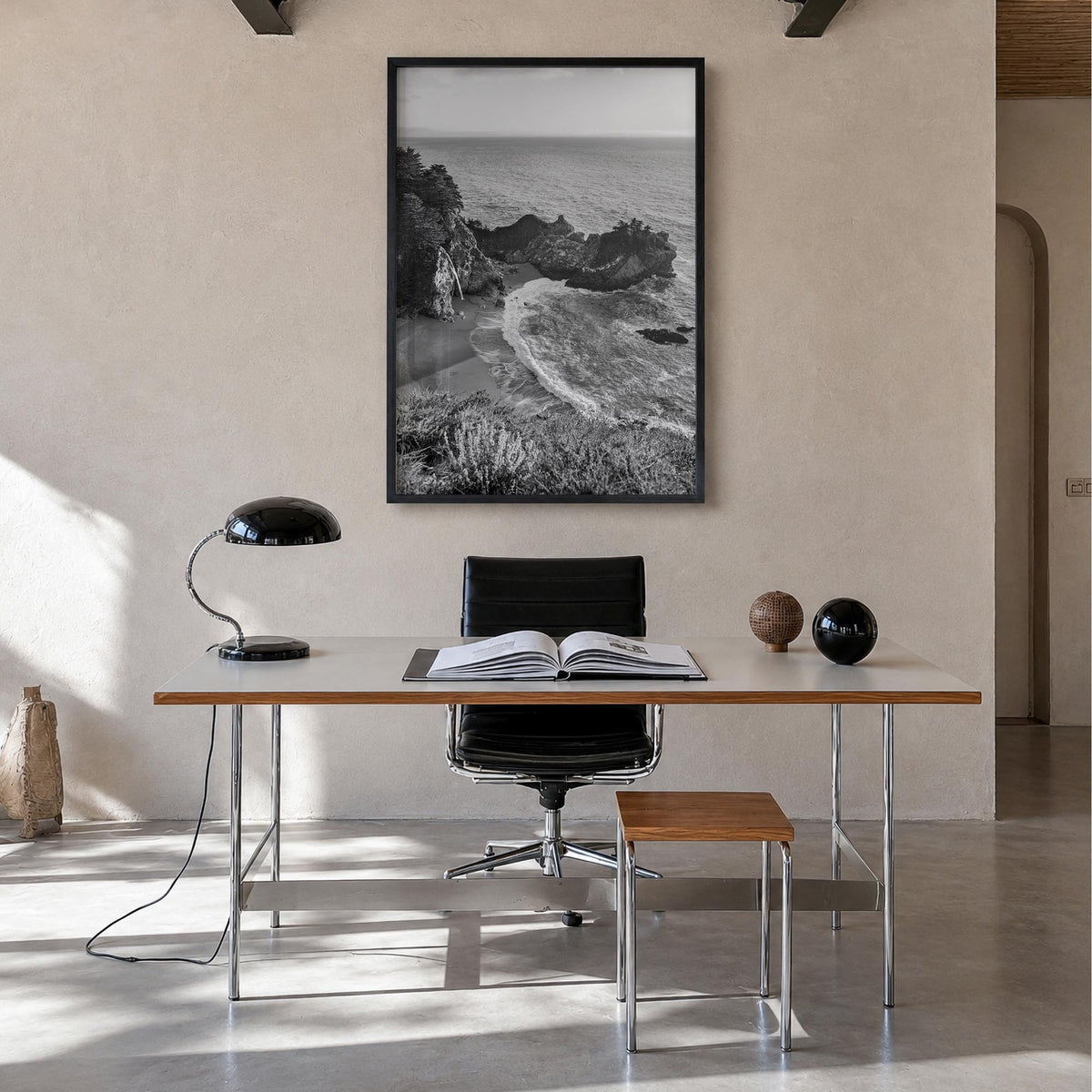 Big Sur no. 2 black & white photo poster of California, USA – vertical wall art in black wood frame, hanging on wall