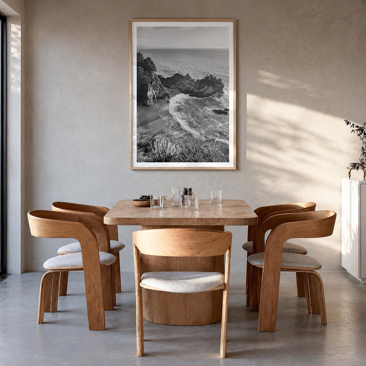 Big Sur no. 2 black & white photo poster of California, USA – vertical wall art in natural wood frame with white border, hang