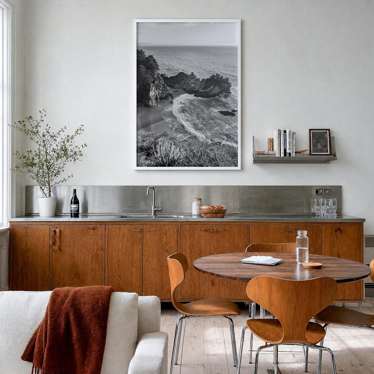 Big Sur no. 2 black & white photo poster of California, USA – vertical wall art in white wood frame, hanging on wall