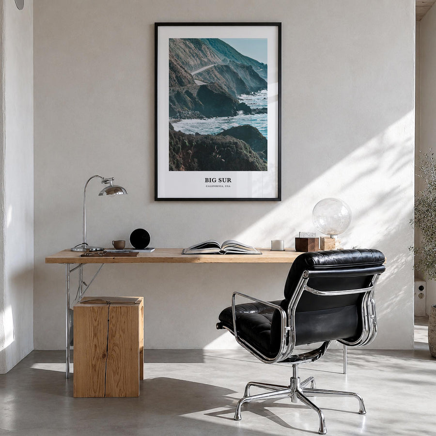 Big Sur no. 2 colorful classic poster of California, USA – vertical wall art in black wood frame, hanging on wall