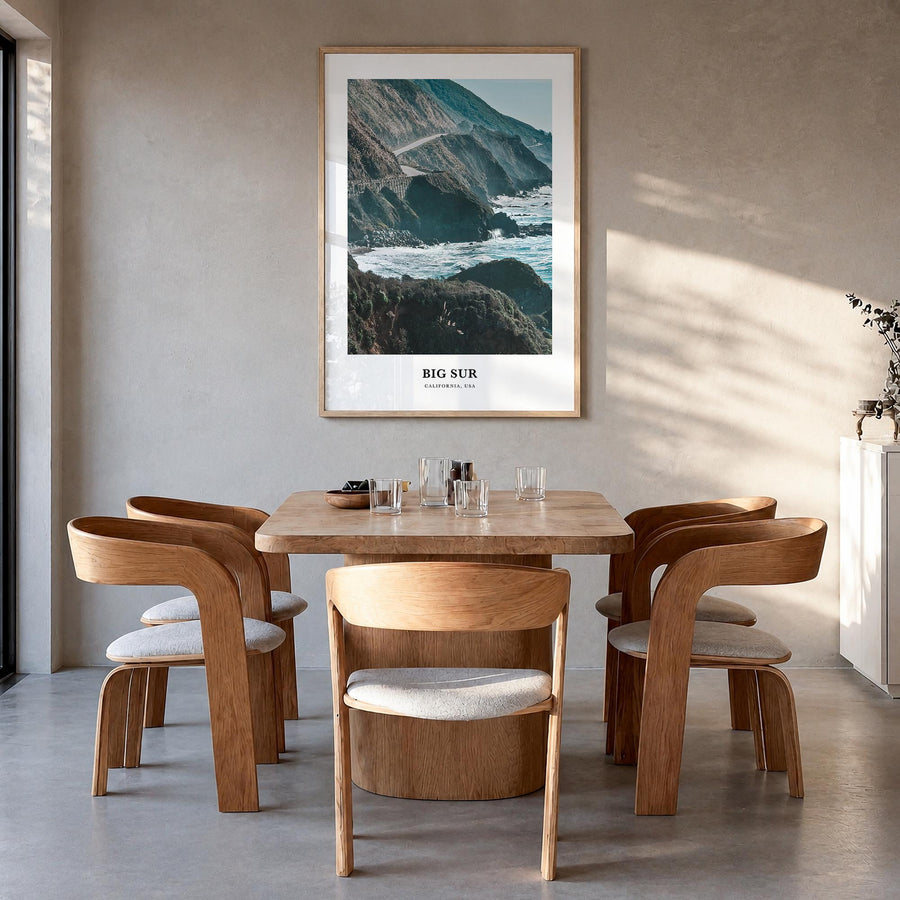 Big Sur no. 2 colorful classic poster of California, USA – vertical wall art in natural wood frame, hanging on wall