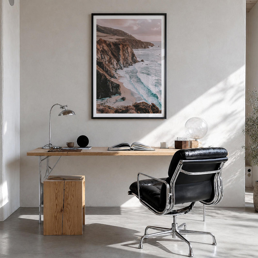 Big Sur no. 2 colorful photo poster of California, USA – vertical wall art in black wood frame with white border, hanging on 