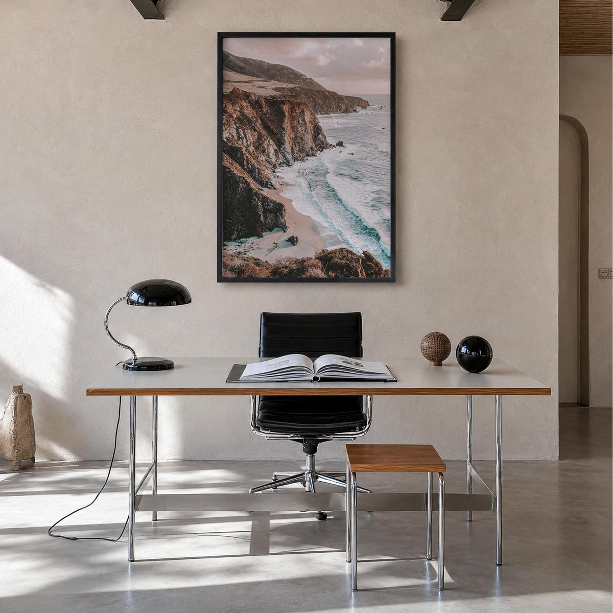 Big Sur no. 2 colorful photo poster of California, USA – vertical wall art in black wood frame, hanging on wall