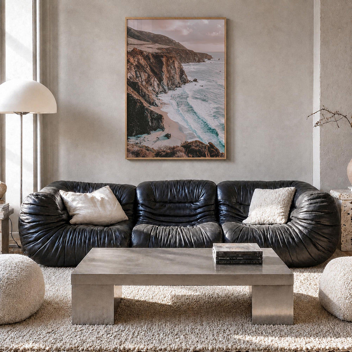 Big Sur no. 2 colorful photo poster of California, USA – vertical wall art in natural wood frame, hanging on wall
