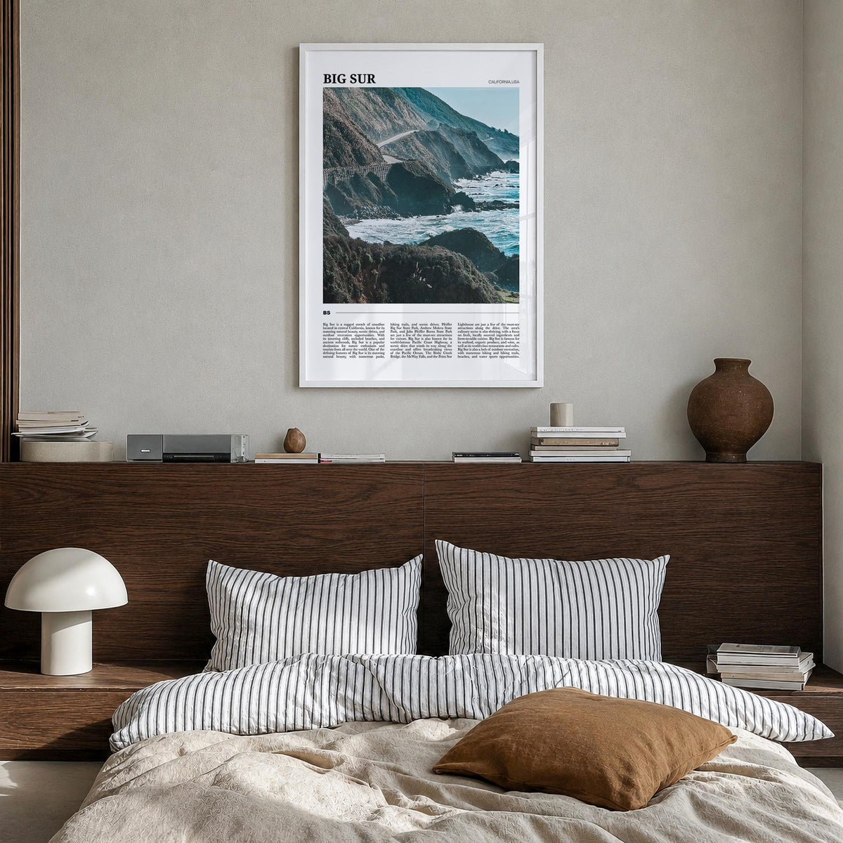 Big Sur no. 2 colorful travel poster of California, USA – vertical wall art in white wood frame, hanging on wall