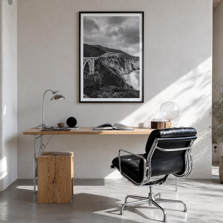 Big Sur no. 3 black & white photo poster of California, USA – vertical wall art in black wood frame with white border, hangin