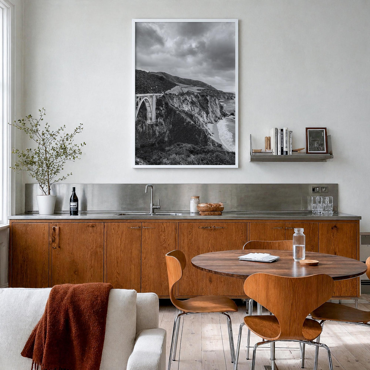 Big Sur no. 3 black & white photo poster of California, USA – vertical wall art in white wood frame, hanging on wall