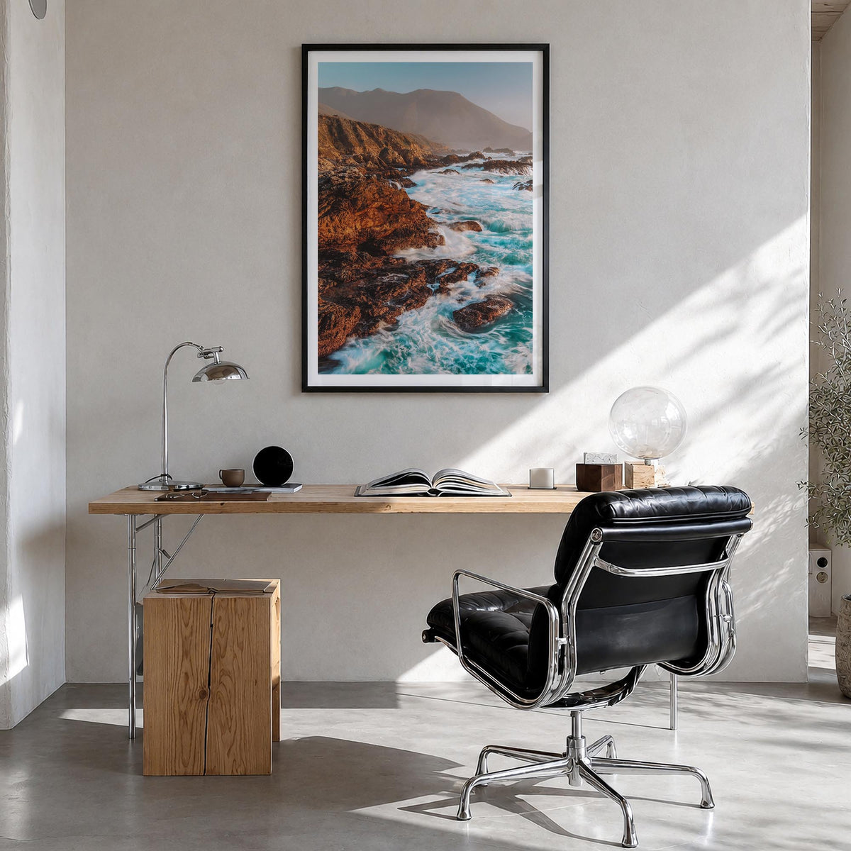 Big Sur no. 3 colorful photo poster of California, USA – vertical wall art in black wood frame with white border, hanging on 